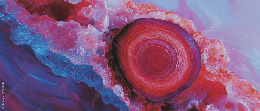 Poster Colorful cross-section of a gemstone showcasing vibrant layers and unique patterns against a vivid backdrop