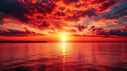 stunning red sunset with dramatic clouds creating a fiery sky, evoking emotions of awe and inspiration, perfect for capturing the beauty of nature and tranquility