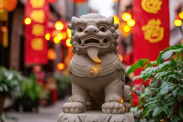 A traditional stone lion statue stands proudly in a vibrant alley adorned with colorful lanterns and red banners, symbolizing protection and fortune.