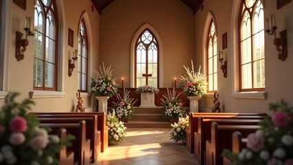 A small church in the countryside decorated for Easter