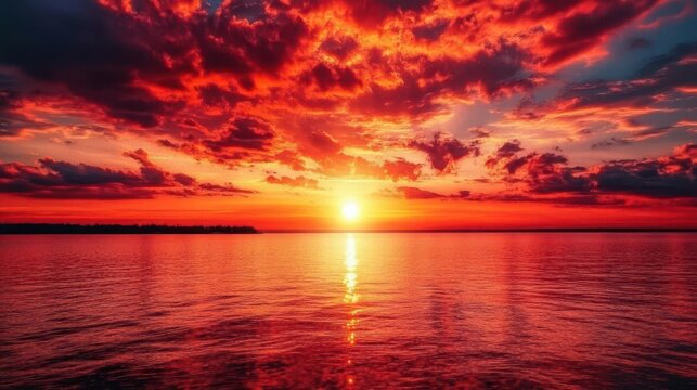 stunning red sunset with dramatic clouds creating a fiery sky, evoking emotions of awe and inspiration, perfect for capturing the beauty of nature and tranquility