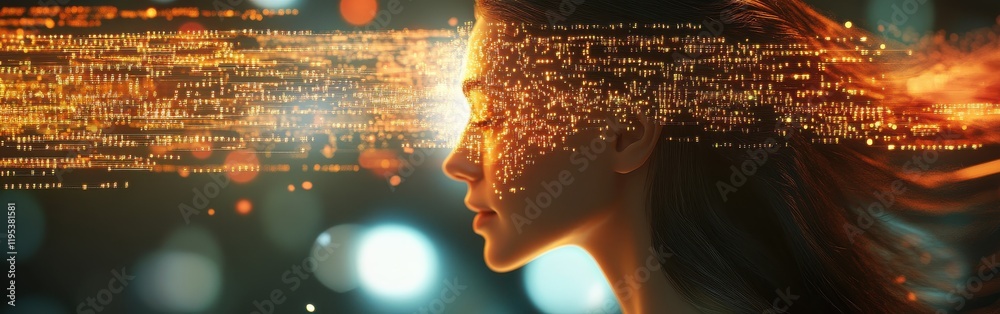 Aufkleber Surreal profile of a woman with a glowing abstract design in an urban nighttime setting