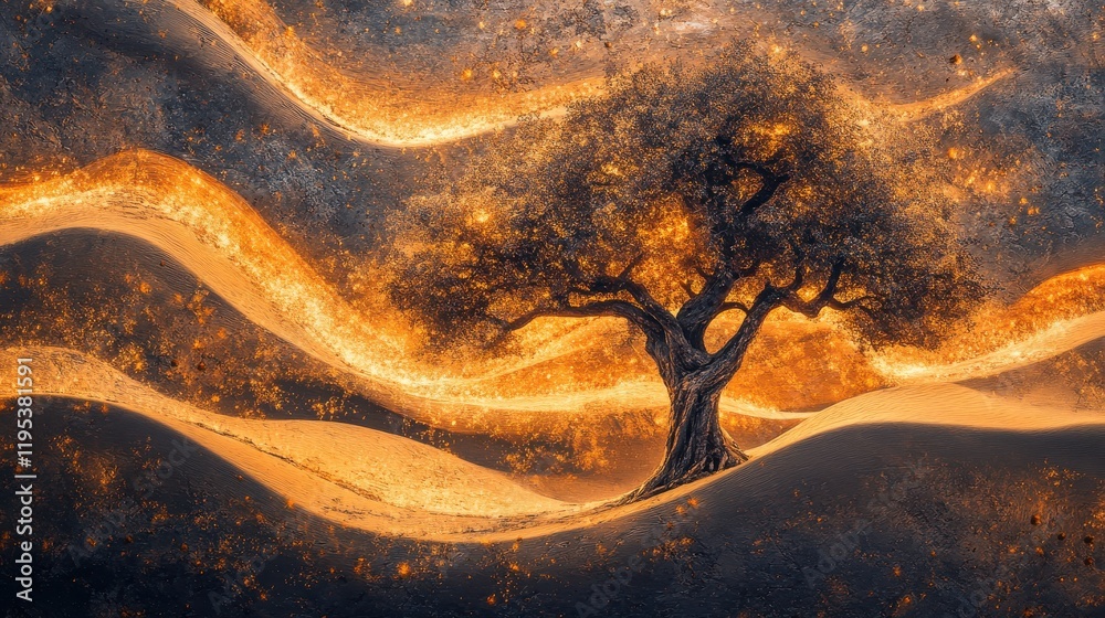 Leinwandbilder surreal portrait of a glowing tree surrounded by wavy light patterns at twilight