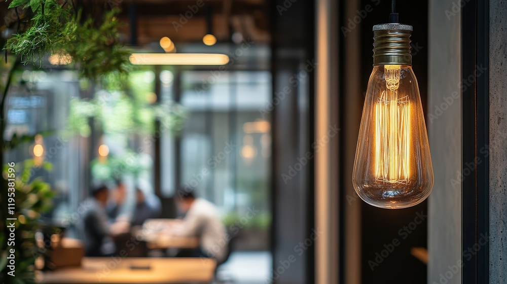 Aufkleber glowing light bulb illuminates a cozy workspace in an urban setting during daylight hours