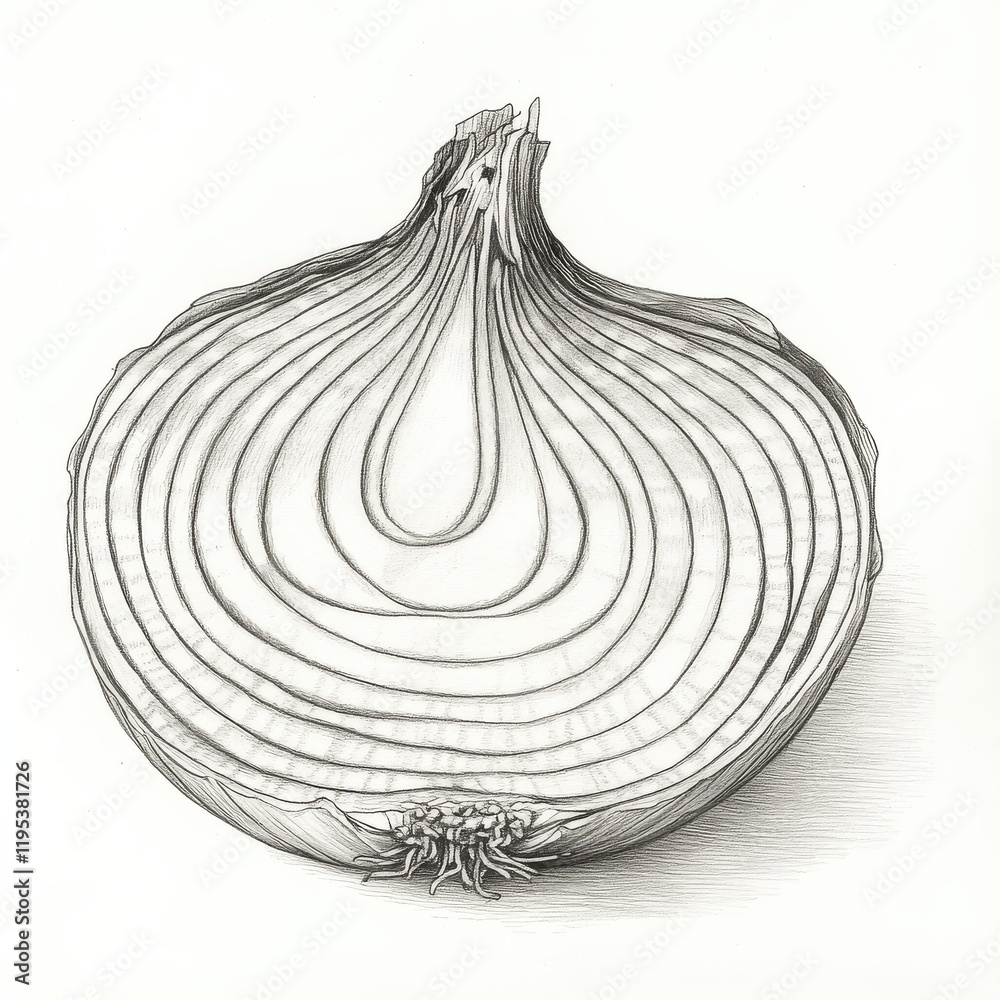 Poster Detailed view of a sliced onion showcasing its layered structure and textures in natural light
