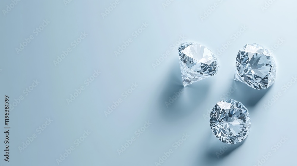 Poster Elegant and minimalistic display of three sparkling diamonds on a soft white surface