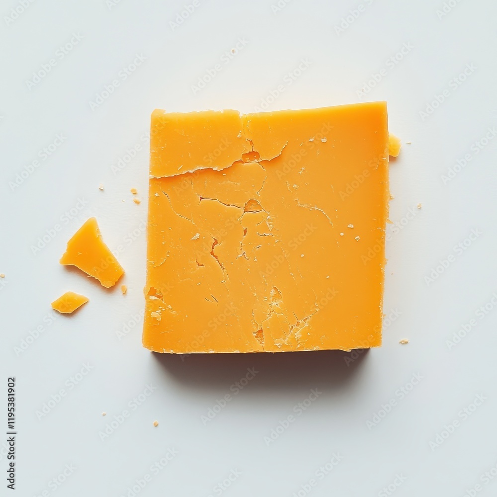 Poster sharp cheddar cheese slice on clean surface with a piece broken off