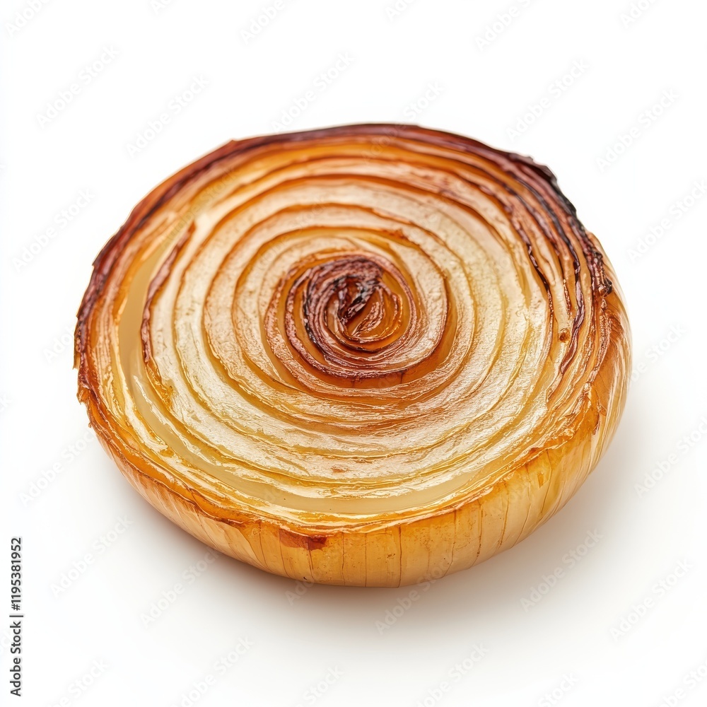 Poster single slice of perfectly roasted caramelized onion on a white background showcasing its golden-brow