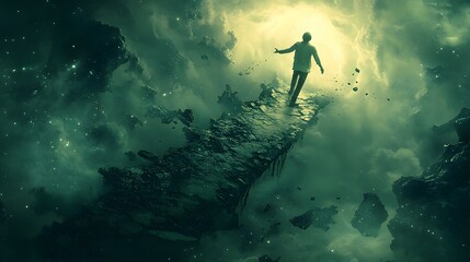 A person reaching toward a crumbling bridge suspended over an abyss, their expression a mix of desperation and longing, surrounded by surreal lighting