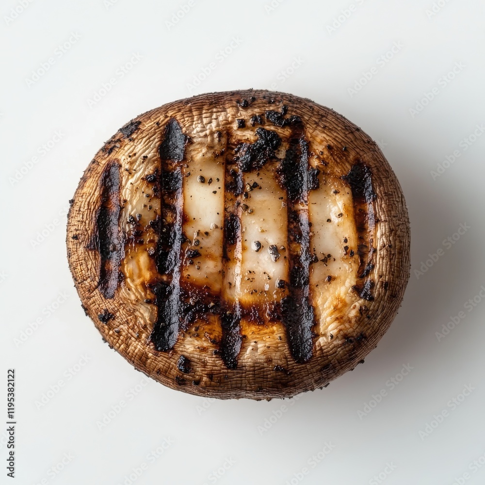 Aufkleber grilled mushroom cap displaying perfect char marks and tenderness on a white surface