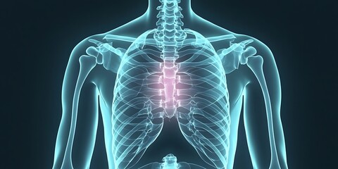  A detailed x-ray image of the human ribcage and upper body,  showing the skeletal structure with bright lighting 