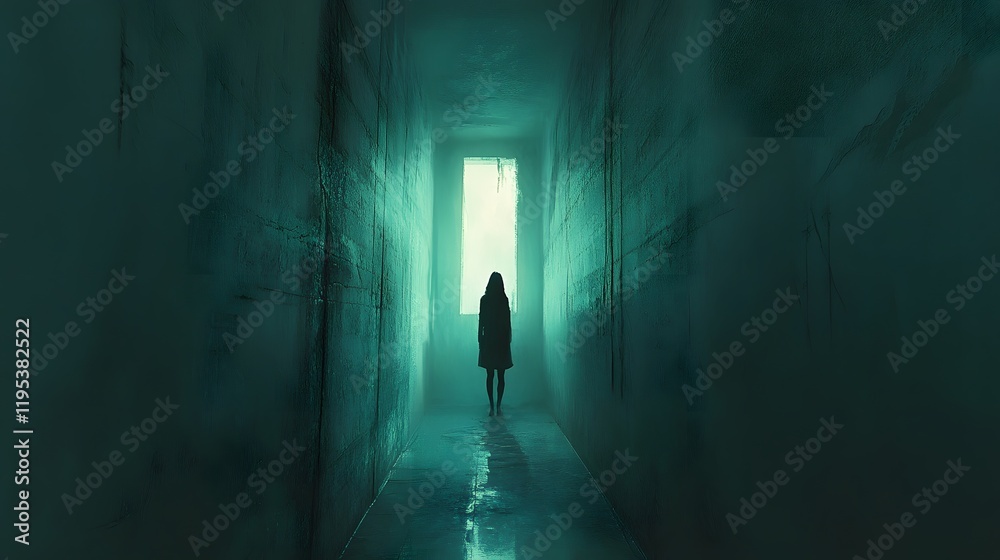 Poster a person standing in a narrow, dim hallway with cracked walls, their silhouette partially illuminate