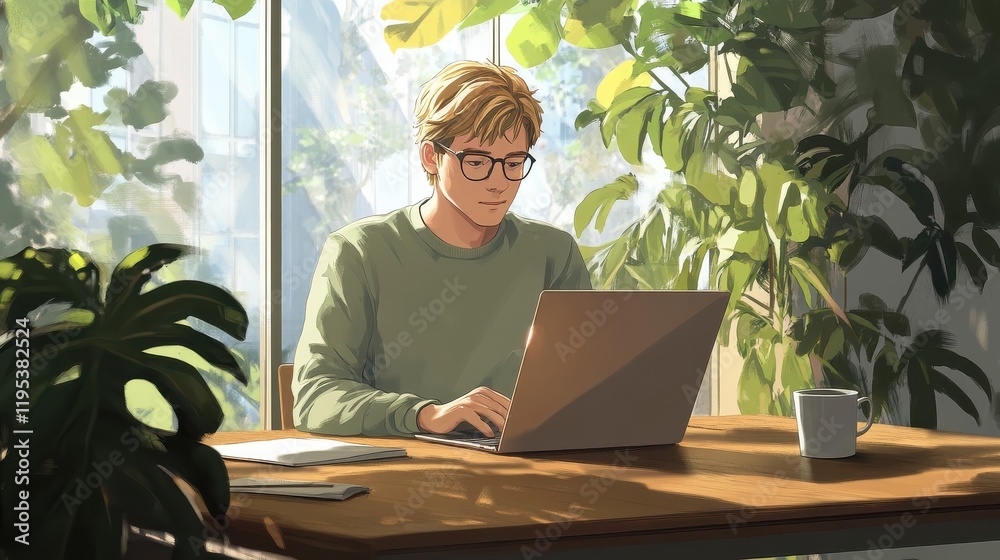 Aufkleber young man working in a bright and serene workspace surrounded by greenery during the day