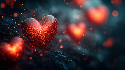 3d glowing hearts in water