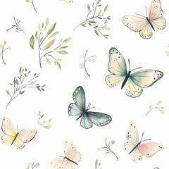 Serene watercolor doodle of butterflies and delicate flora creating a tranquil nature scene