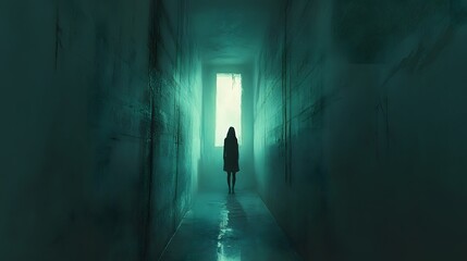 A person standing in a narrow, dim hallway with cracked walls, their silhouette partially illuminated by the light from a single window at the end, evoking an overwhelming sense of isolation