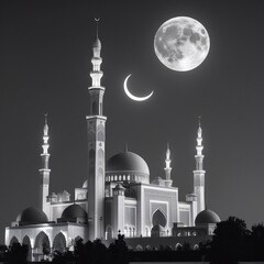 A Ramadan moon and the mosque. Photo of crescent for the occasion of Eid ul fitr. black and white photography generative Ai 