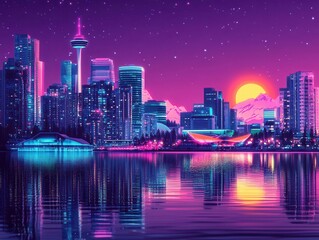 Fototapeta premium synthwave sunset grid landscape with neon colors and retro geometric shapes for electronic music festival poster design in 80s style