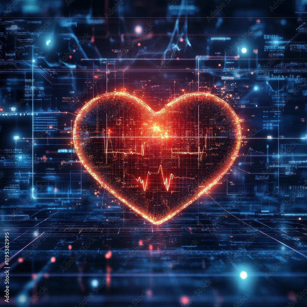 Poster Glowing red heart with dynamic cardiogram representing health technology and vitality. Generative AI