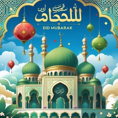 Happy eid al fitr square banner with mosque illustration generative Ai 