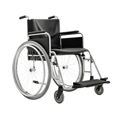 Fototapeta premium The image shows a modern, chrome-framed wheelchair with a black padded seat, designed for improved mobility and comfort.