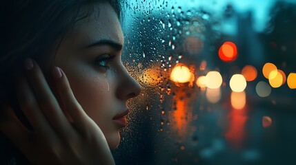 A woman leaning her forehead against a rain-streaked window, her hand pressed firmly against the glass, her breath fogging up the surface as the lights of a distant city glow faintly in the background
