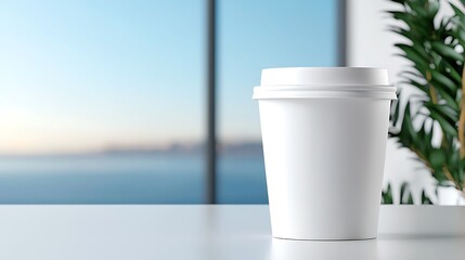 Obraz premium White Coffee Cup on Table with Ocean View