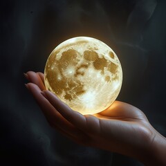A Half-illuminated moon in hand. Ramadan and Eid Greetings concept. Muslim Holidays and Eid-Ul-Adha festival celebration. Generative Ai 