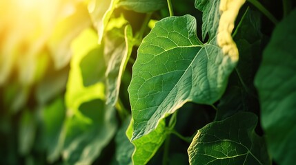 Closeup of cucumber vines climbing up a trellis, detailed gardening, organic focus
