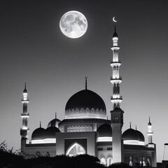 A Ramadan moon and the mosque. Photo of crescent for the occasion of Eid ul fitr. black and white photography generative Ai 
