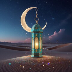 Ramadan Kareem - Arabic Lantern At Night In desert With Crescent Moon And Magic Glittering - Eid Ul Fitr. Generative Ai 
