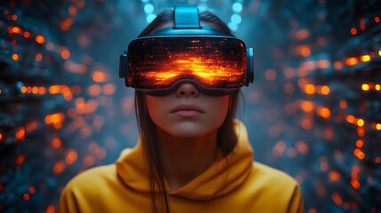 Woman in VR headset, futuristic setting.