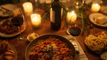 Fototapeta premium An elegant Italian dinner table with multiple pasta dishes, wine, and candlelight