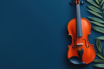 Fototapeta premium Orange violin with green leaves on a dark blue background.
