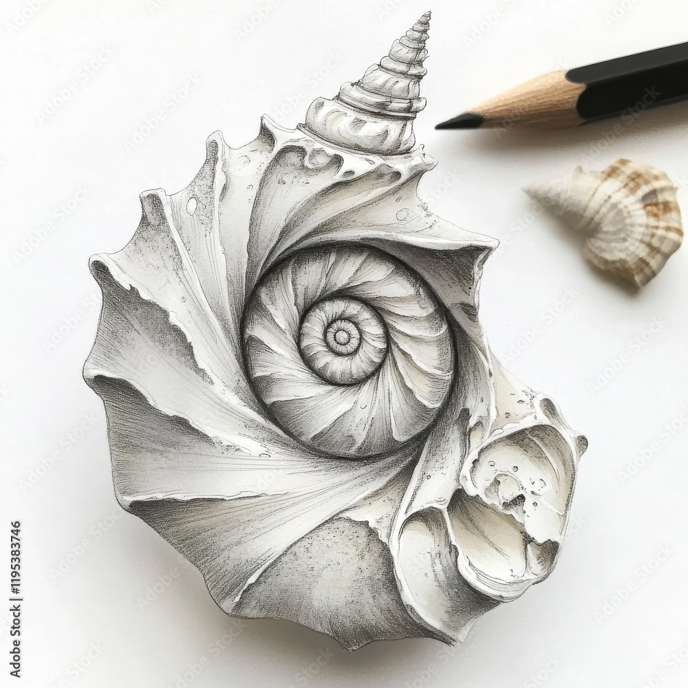 Aufkleber Illustration of a detailed seashell with intricate spiraling patterns and additional seashells nearby