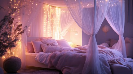 Romantic blush pink bedroom with soft lighting creating a serene atmosphere