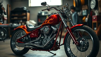 Red custom chopper motorcycle with flame paint job in garage