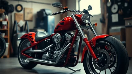 Red custom chopper motorcycle with flame paint job in garage