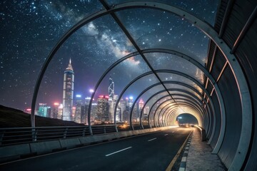 Night cityscape viewed through a futuristic tunnel's arched glass ceiling, illuminated by the Milky Way