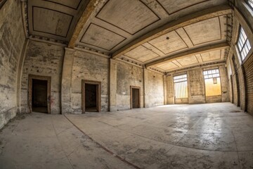 Fototapeta premium An abandoned interior space reveals aged walls, high ceilings with ornate detailing, and large windows, showcasing the passage of time and decay within this forgotten building.