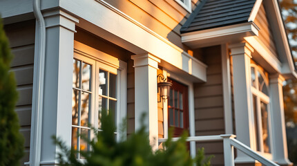 Fototapeta premium Captivating Sunset View of a Charming Suburban Home. The warm golden light enhances the architectural details, creating a picturesque scene of tranquility and inviting atmosphere.