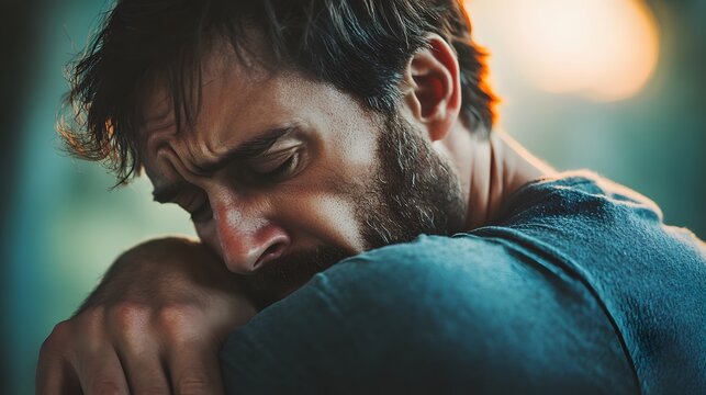 A person gripping their own shoulder tightly, their head tilted forward, their face flushed with strain, veins bulging on their forearm