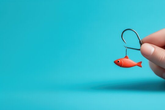 Fish Hook with Red Bait Depicted as an Analogy for Scams and Deception in a Visual Context