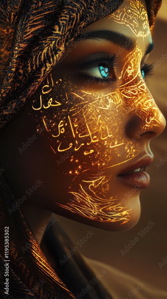 Aufkleber Mystical visualization of a woman's face adorned with intricate golden patterns and glowing blue eyes in an enchanting setting
