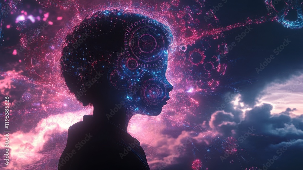 Aufkleber mystical visualization of a child's silhouette surrounded by vibrant abstract elements in a cosmic l