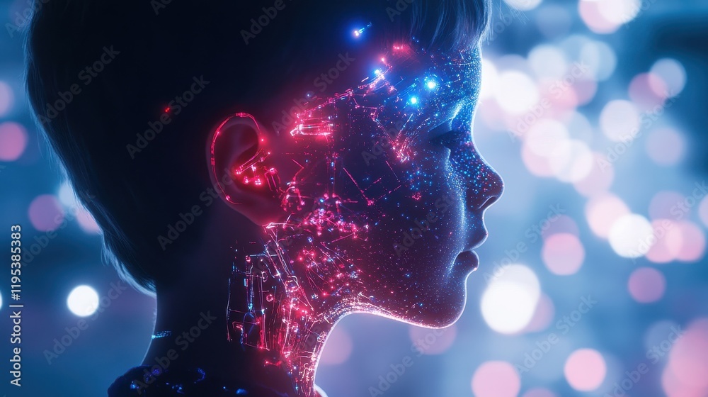 Poster Mystical visualization of a child's profile with glowing patterns and colors against a dreamy bokeh background