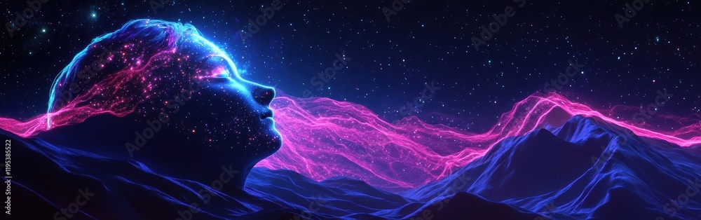 Aufkleber mystical face dissolving into cosmic landscape with vibrant colors and luminous elements