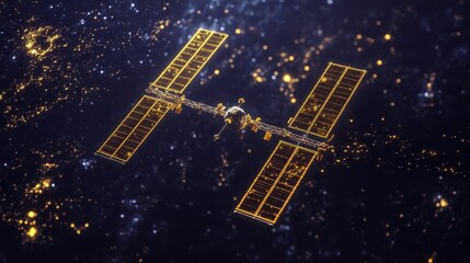 Spacecraft Orbiting Earth Golden Solar Panels Night View Satellite Technology