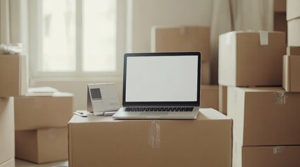 Modern workspace setup with laptop on cardboard box surrounded by moving boxes in bright, airy room