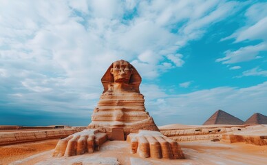 Majestic Sphinx with Pyramids Under Dramatic Sky in Desert Landscape